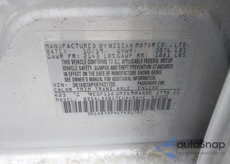 2019 Nissan Sentra Sv из США, поврежденный, VIN 3N1AB7AP4KY431780